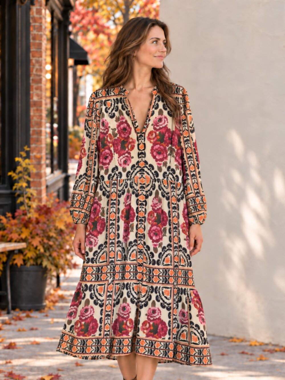 A Loves A Floral Midi Dress Boho Border Print Long Sleeve Drop Waist Autumnal XL